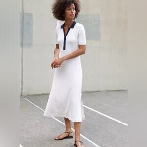 AYR cream polo midi dress with navy accent collar